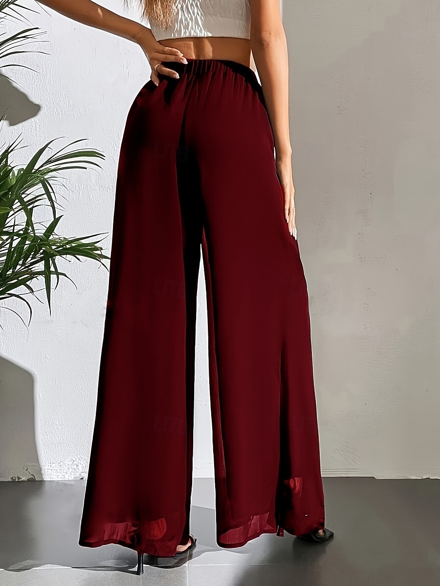 Mulheres Perna larga chinês Moda Roupa de rua Básico Comprimento total Cintura Alta Tecido Cintura elástica Confortável Macio Com Stretch Ao ar livre Rua Casual Marron Escuro Vinho Preto Branco Verão de 2025 por $26.99 –P4