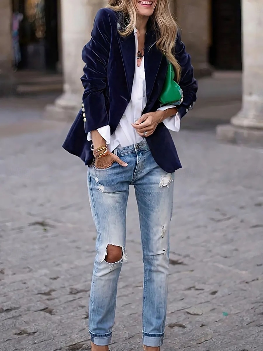 Women's Blazer Comfortable Breathable Pocket Casual Plain Office Street Casual Daily Wear Single Breasted Regular Turndown Regular Fit Long Sleeve Outerwear Navy Black Wine Spring Fall 2026 - $39.99 –P5