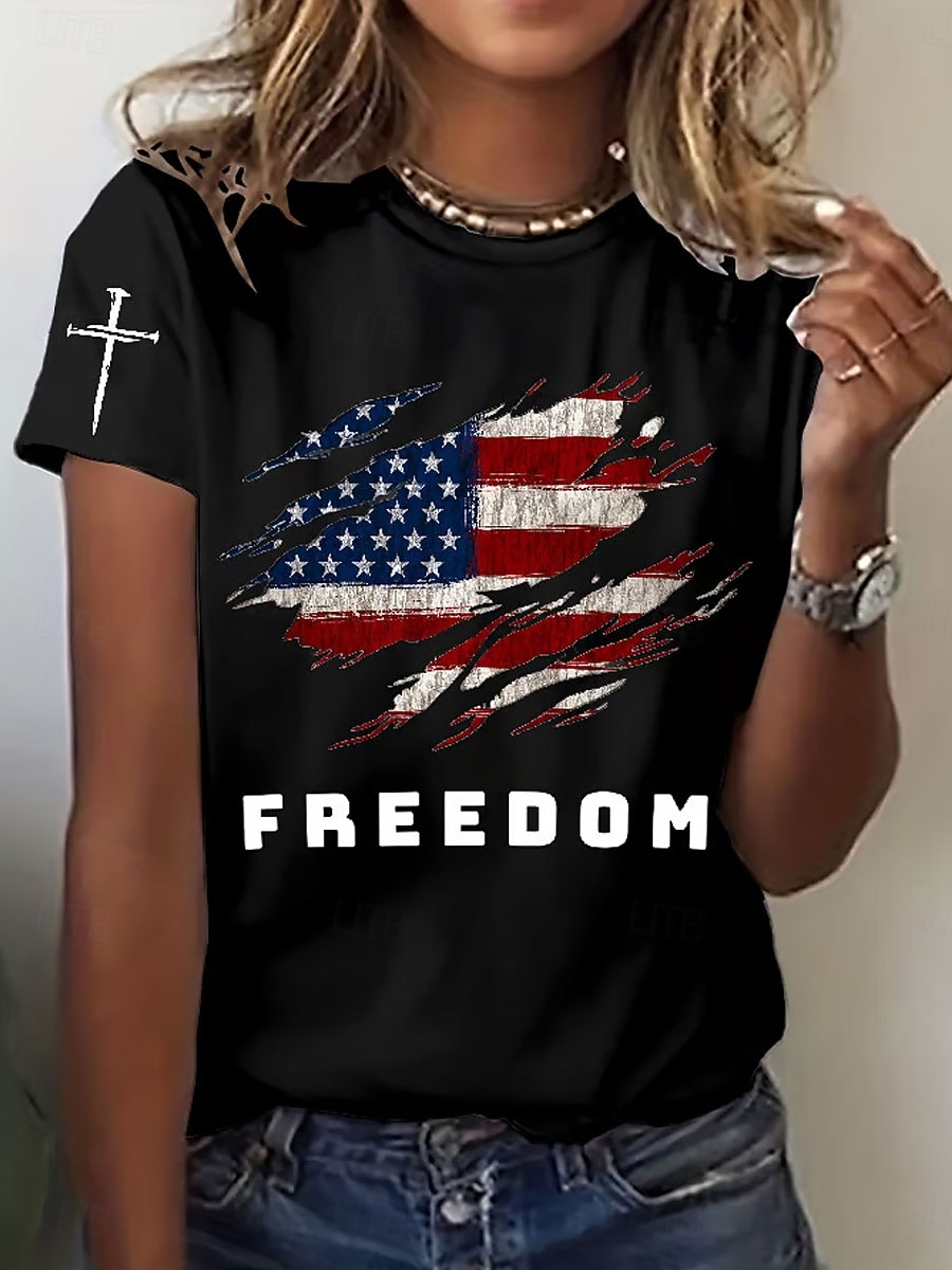 Damen T Shirt Druck Grafik Buchstabe Amerikanische Flagge Vintage Stilvoll Klassisch Kurzarm Rundhalsausschnitt Normale Oberteile Täglich Blau Schwarz Weiß Rote Sommer Frühling 2026 - $22.99 –P4