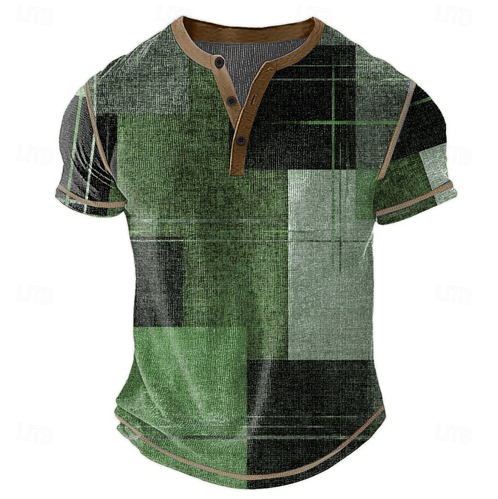 Men's Plaid Patchwork Henley Shirt Waffle T Shirt Short Sleeve Daily Retro Vintage Classic Sports Outdoor Casual Holiday Spring & Summer All Seasons Dark Brown Dark Grey Dark Blue Green Henley Henley 2026 - $28.99 –P2