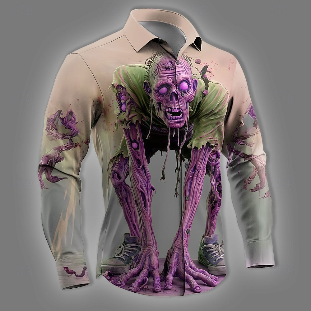 Bărbați 3D Print Zombi Groază Cămașă Camașă cu nasturi Manșon Lung Stil gotic întunecat Haine de strada Concediu Primăvară Toamnă Răsfrânt Imprimare 3D cămăși cu guler Albastru piscină Roz Îmbujorat 2026 - $27.99 –P2