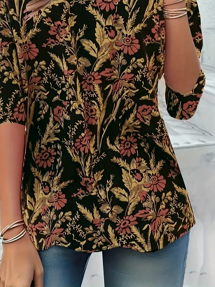 Pentru femei Tricou Imprimeu Floral Grafic Plante Epocă Stilat Clasic Manșon Lung Stil Nautic Rotund Topuri obișnuite Zilnic Negru Primăvară Toamnă Iarnă 2026 - $24.99 –P3