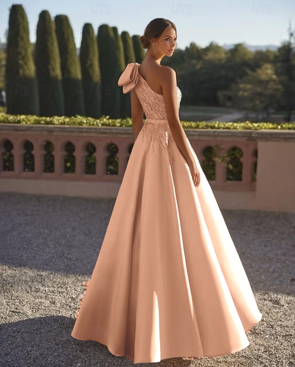 Abito da sera a-linea elegante formale per matrimoni lungo fino al pavimento senza maniche a spalla unica in raso con fiocchi glitterati e perline del 2025 a $174.99 –P2