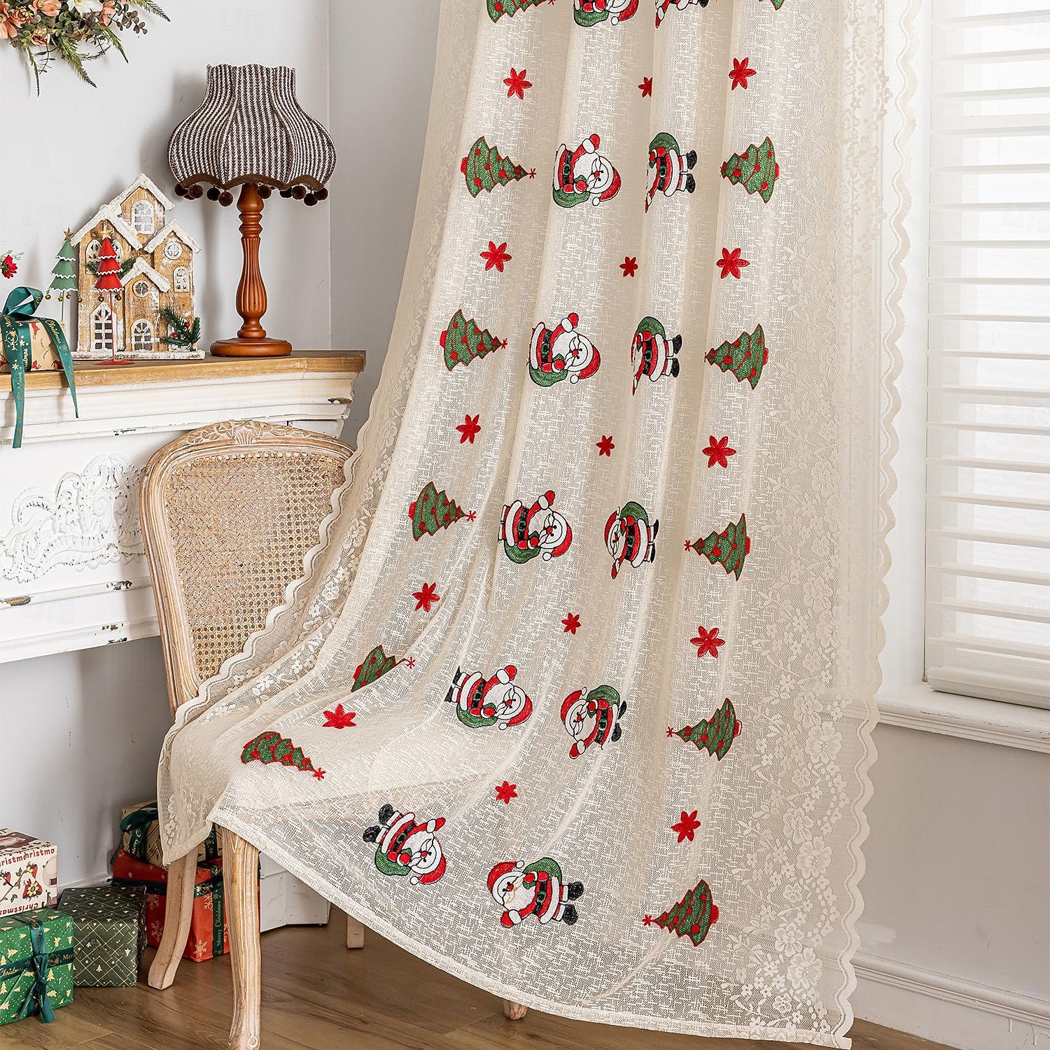 Julbroderade utskurna gardiner, julgardiner för vardagsrum och sovrum, färdiga i europeisk-amerikansk stil 2025 - $9.49 –P17