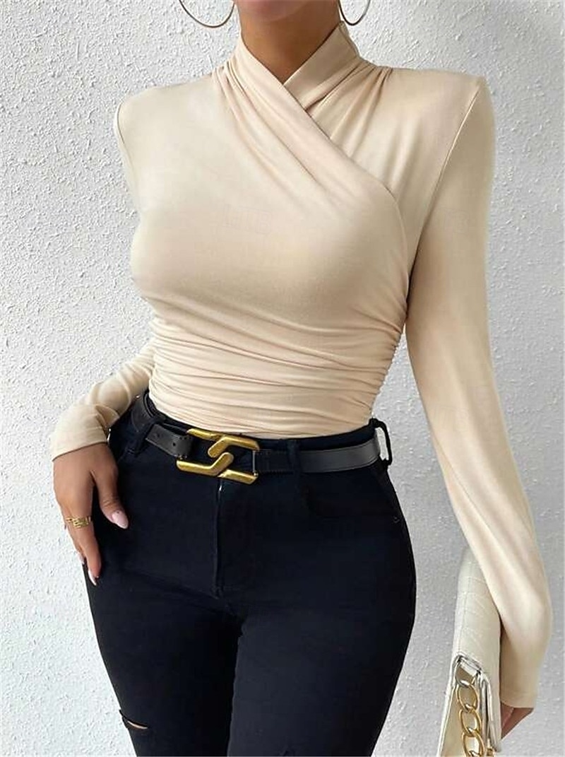 Damen Bluse Einfarbig Stilvoll Lässig Langarm V Ausschnitt Normale Oberteile Täglich Gerafft Schwarz Weiß Aprikose Grau Frühling Herbst Winter 2025 - $15.99 –P1