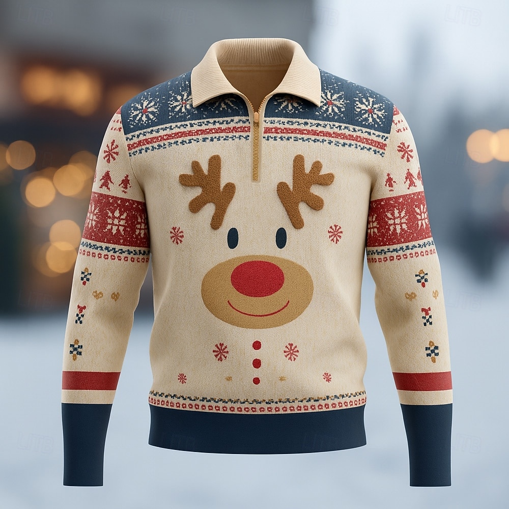 2025年 クリスマス 男性用 カートゥン 各 ポロ 長袖 折襟 近代の レジャー スポーツ カジュアル／普段着 ジッパー 3Dプリント 春 秋 冬 ルビーレッド グリーン アプリコット  コレクション – $22.99 –P1