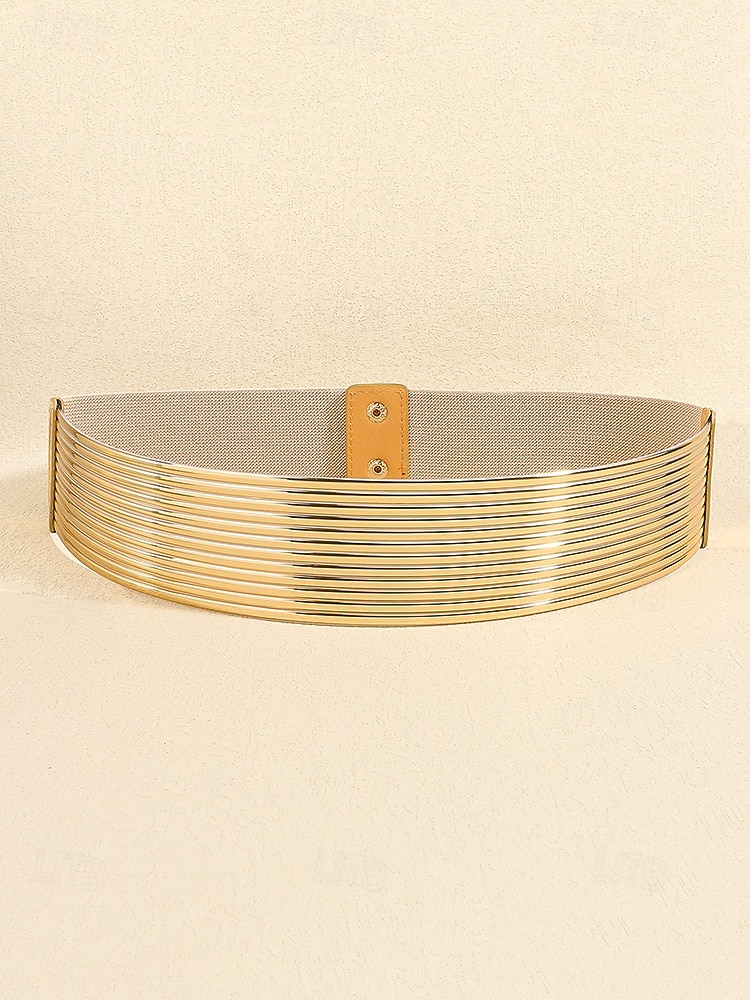 Dambälte i guld, silver och svart - brett metallbälte - elastiskt stretchigt dragsko med tryckknapp, modeaccessoar för klänningar, fester och formella tillfällen 2025 - $11.99 –P7