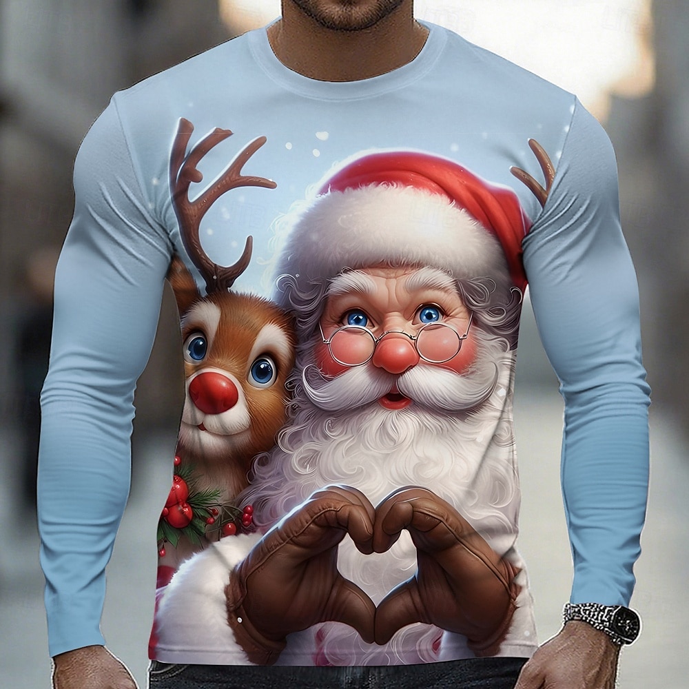 Jul Herr jultomten Rolig T-shirt Långärmad T-shirt 3D-tryck Rund hals Skjorta Mode Grundläggande 3D Gata Ledigt Dagligen Blå Blå 2# Rubinrött Sommar Vår Kläder S M L XL XXL XXXL 2025 - $23.99 –P2