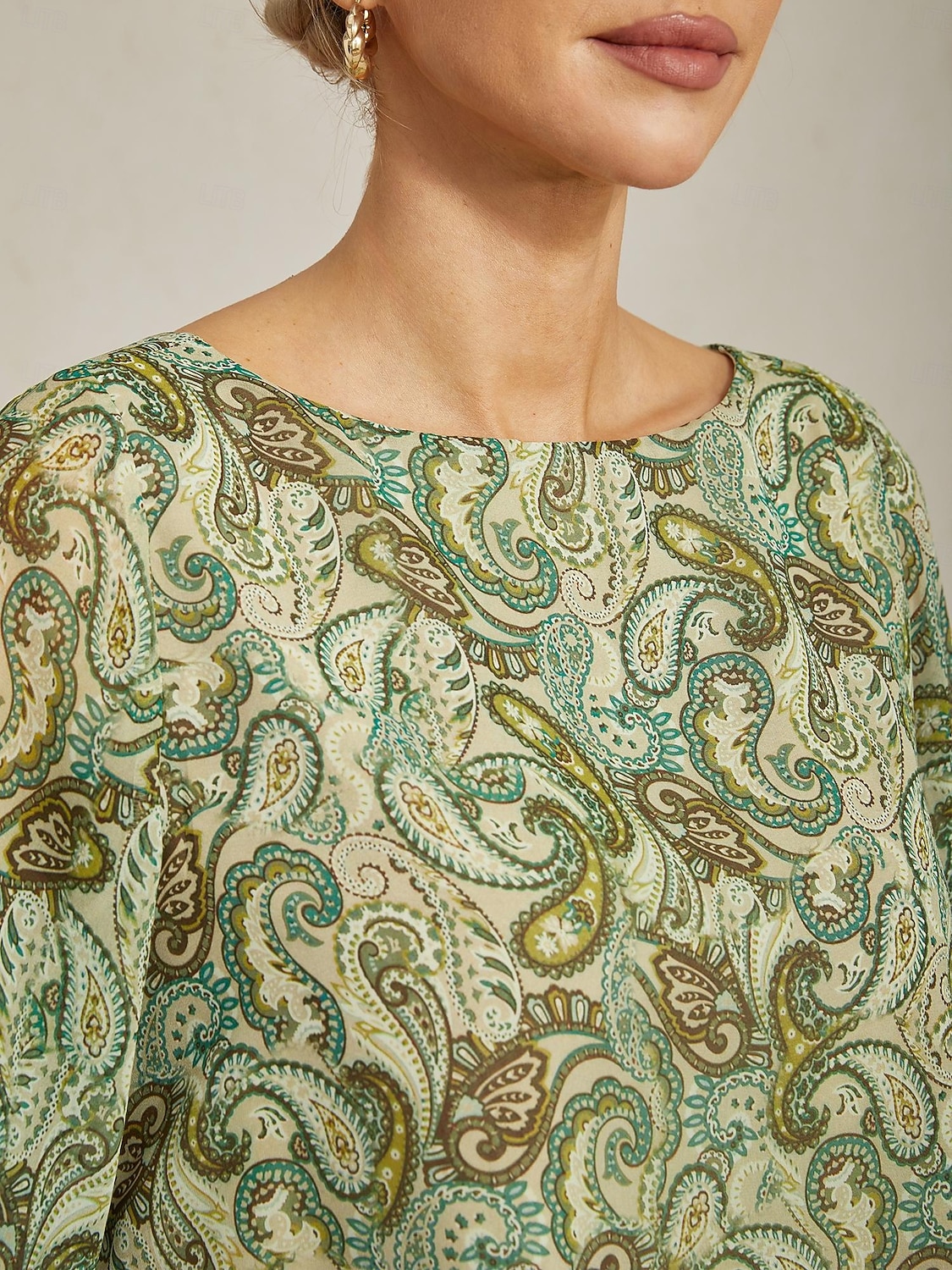Women's Blouse Green Paisley Floral Layered 3/4 Sleeve Loose Fit Round Boat Neck Casual Elegant Spring Summer 2025 - $61.99 –P5