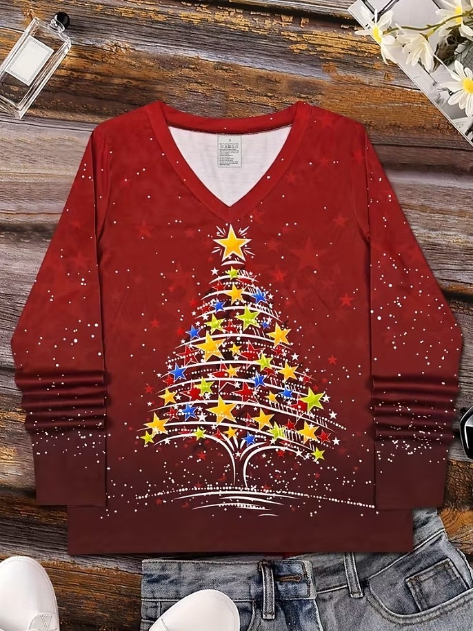 Noël Femmes T-shirt Graphique Bonhomme de neige ancien Élégant Classique manche longue Col en V Hauts Réguliers Quotidien Imprimé Gris / Rouge Noir + blanc + rouge Noir Vin Rouge Printemps Automne de 2025 ? $26.99 –P7