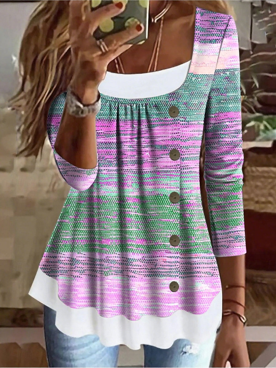 Femmes T-shirt A Ombre Graphique Géométrique ancien Élégant Classique manche longue Col carré Hauts Longs Quotidien Week-end Patchwork Boutons Imprimé Rose Claire Bleu Violet Vert Été Printemps de 2025 ? $24.99 –P3