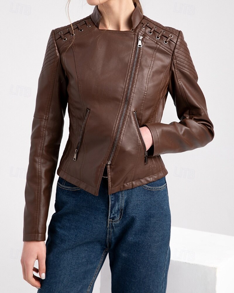 Per donna Giacca in Ecopelle Confortevole Cerniera Tasca Casual Semplice Vacanza Abbigliamento quotidiano Uscire Weekend Regolare Collo ripiegato Vestibilità regolare Manica Lunga Capispalla Nero del 2025 a $53.99 –P5