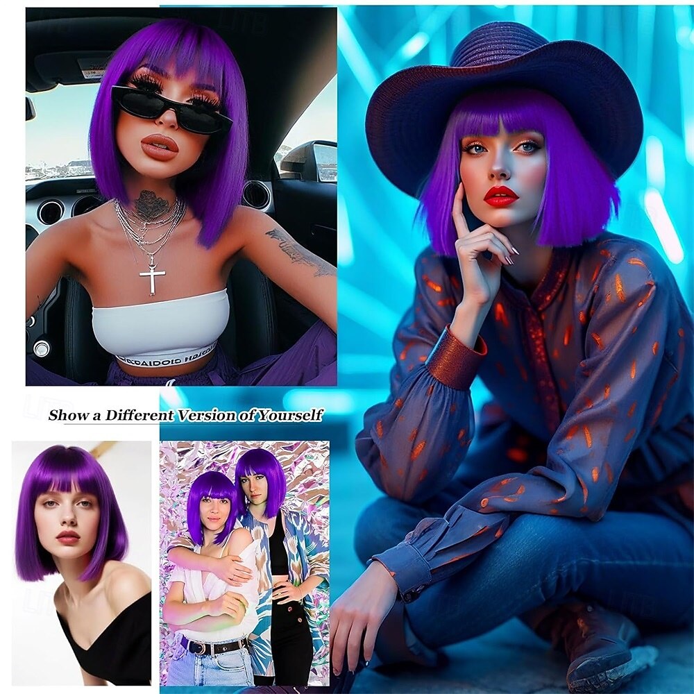 Purple Bob Wig With Bangs Short Straight Dark Purple Bob Wigs for Women Shoulder Length Heat Resistant Synthetic Flat Bang Wigs for Daily Party Cosplay Halloween or Fun 2026 - BHD 6.49 –P7