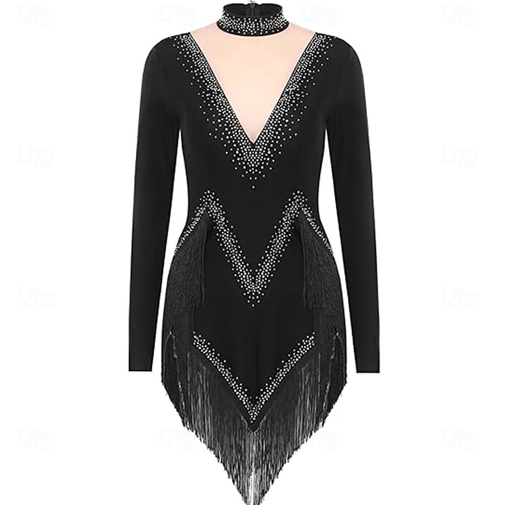 Rochie de dans latino strălucitoare pentru femei, cu mânecă lungă, cu ciucuri, cha cha, salsa, rumba, tango 2025 - $142.99 –P2