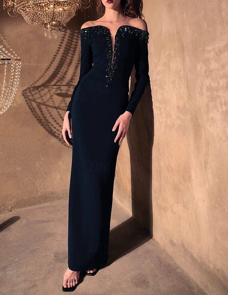 Sirène / Trompette Longueur au sol Robes de Bal Robe de Soirée Tenue de soirée Élégant Scintillant Style Célébrité manche longue Épaules Dénudées Formel Mariage Crêpe Extensible avec Cristaux de 2025 ? $159.99 –P1