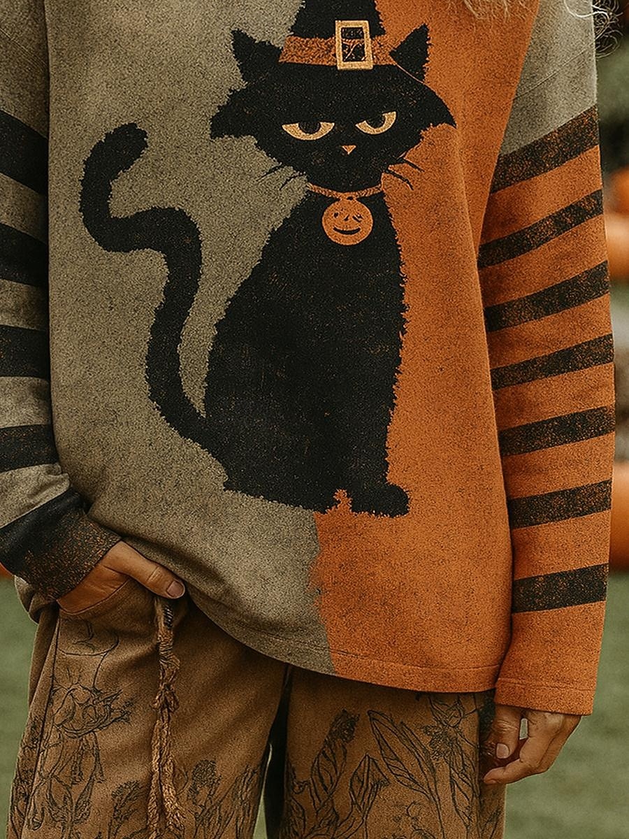 Dame Pullover Grafisk Katt Gresskar Årgang Mote Klassisk Langermet Crew-hals Vanlige topper Avslappet Trykt mønster Oransje Høst Vinter 2025 - $10.99 –P3