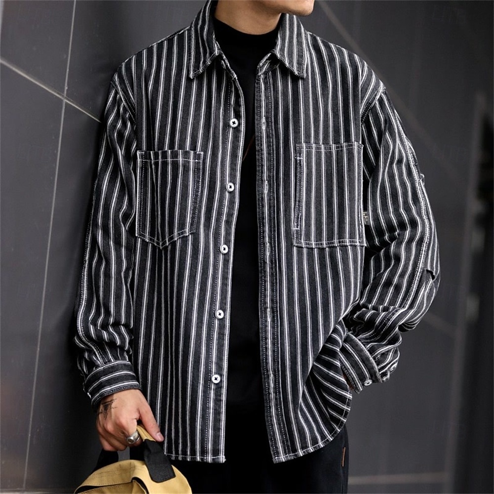 Per uomo Camicia Camicia casual Camicia con Bottoni Camicia di Jeans Nero Blu Manica Lunga A righe Bavero Vacanza Ferie Tasca Abbigliamento Poliestere Moda Casual Confortevole del 2026 a $42.99 –P6