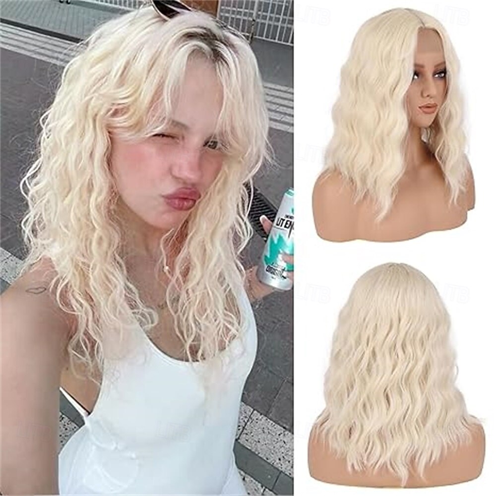 Peruci pentru femei, de culoare maro nuc ombre până la blond cenușiu, pentru păr, lungime medie, 40 cm, creț și ondulat, cu despărțire pe mijloc, perucă sintetică cu aspect natural, pentru 2025 - $22.99 –P5