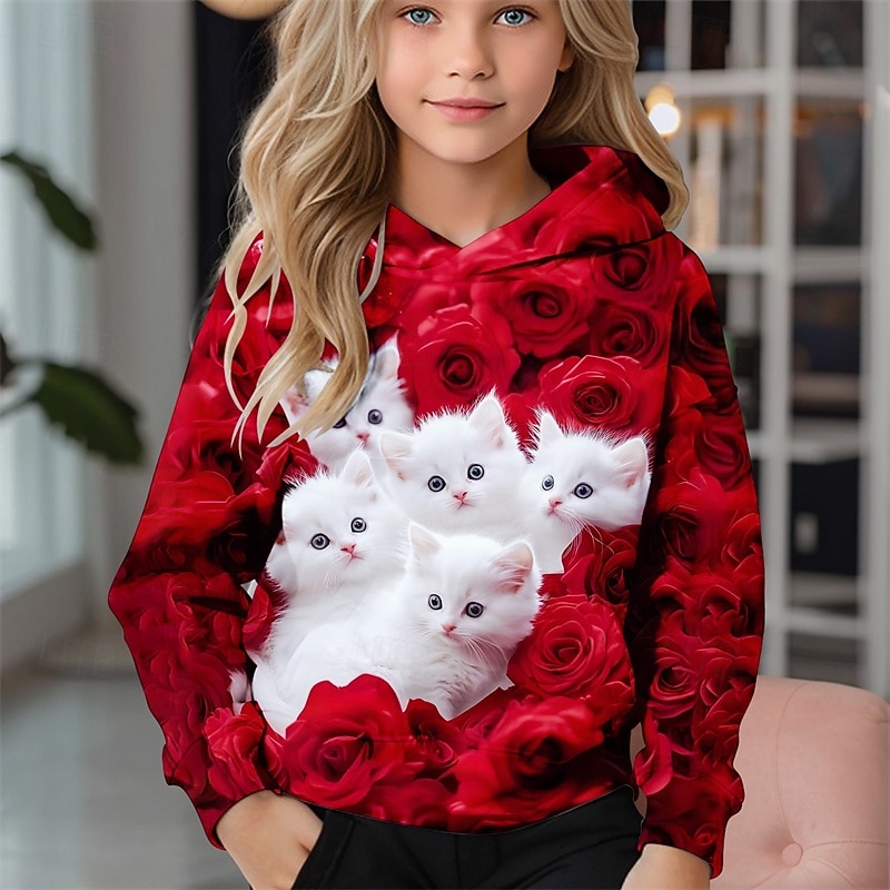 2026年 女の子 3D 猫 パーカー 長袖 秋 冬 ファッション 愛らしい ベーシック 子供 4〜12年 フード付き アウトドア カジュアル 日常 レギュラー  コレクション – $18.99 –P3