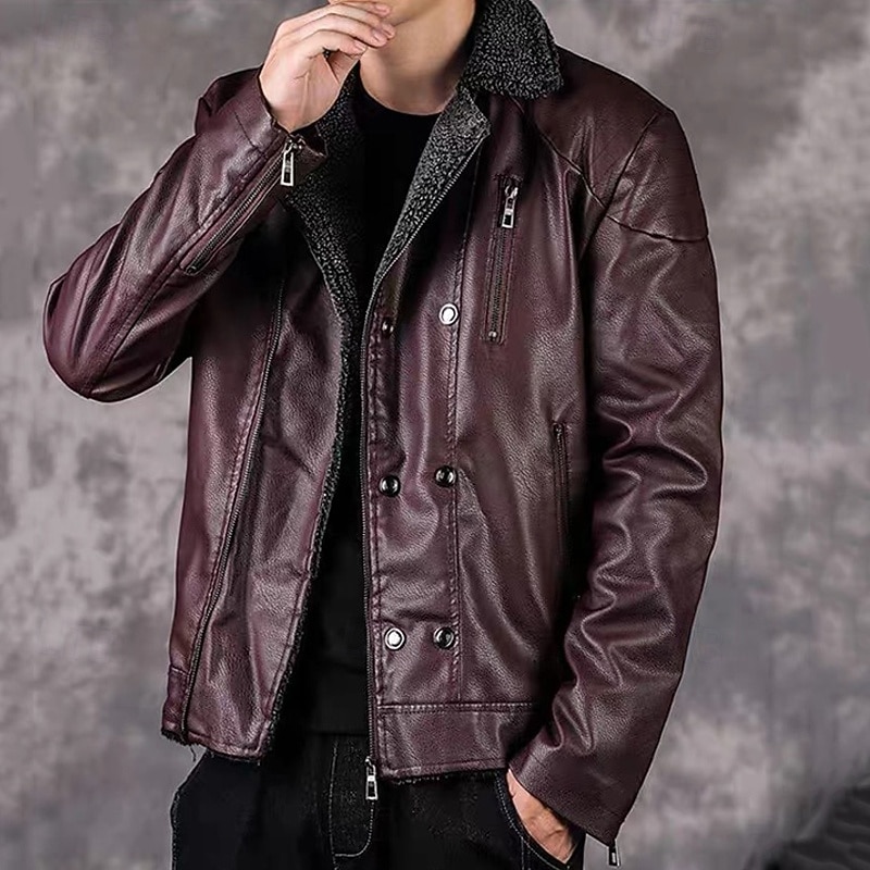 Men's Faux Leather Jacket Fleece Jacket Biker Jacket Motorcycle Jacket Daily Vacation Windproof Warm Pocket Fall Winter Plain Fashion Classic Lapel Regular Faux Leather Black Wine Jacket 2026 - $50.99 –P6