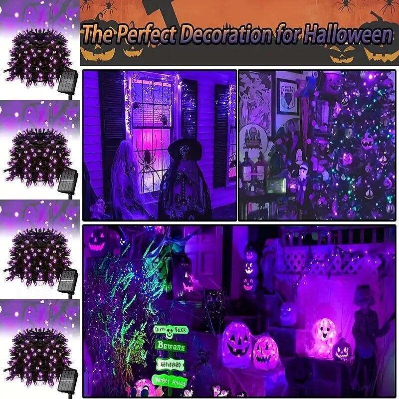 1 stuk zonne-lichtsnoer Halloween buitendecoratie IP65 waterdicht zonne-sprookjesachtige twinkelende lichtjes 8 verlichtingsmodi geschikt voor Halloween, Kerstmis, feest, boom, bruiloft, tuin, balkon, 2025 - $12.99 –P4