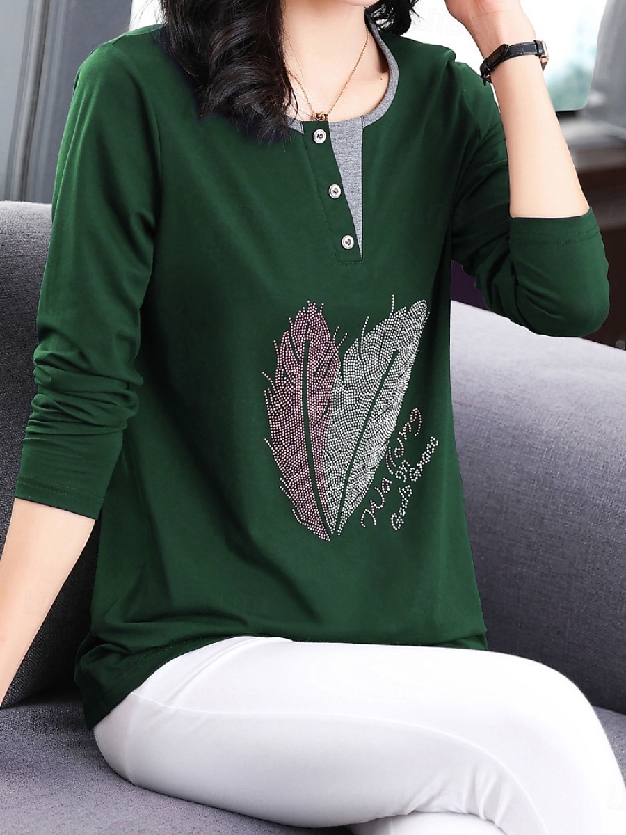 Damen Bluse Feder Stilvoll Lässig Langarm Rundhalsausschnitt Normale Oberteile Täglich Patchwork Salbeigrün Schwarz Rosa Rote Königsblau Frühling Herbst 2025 - $12.99 –P12