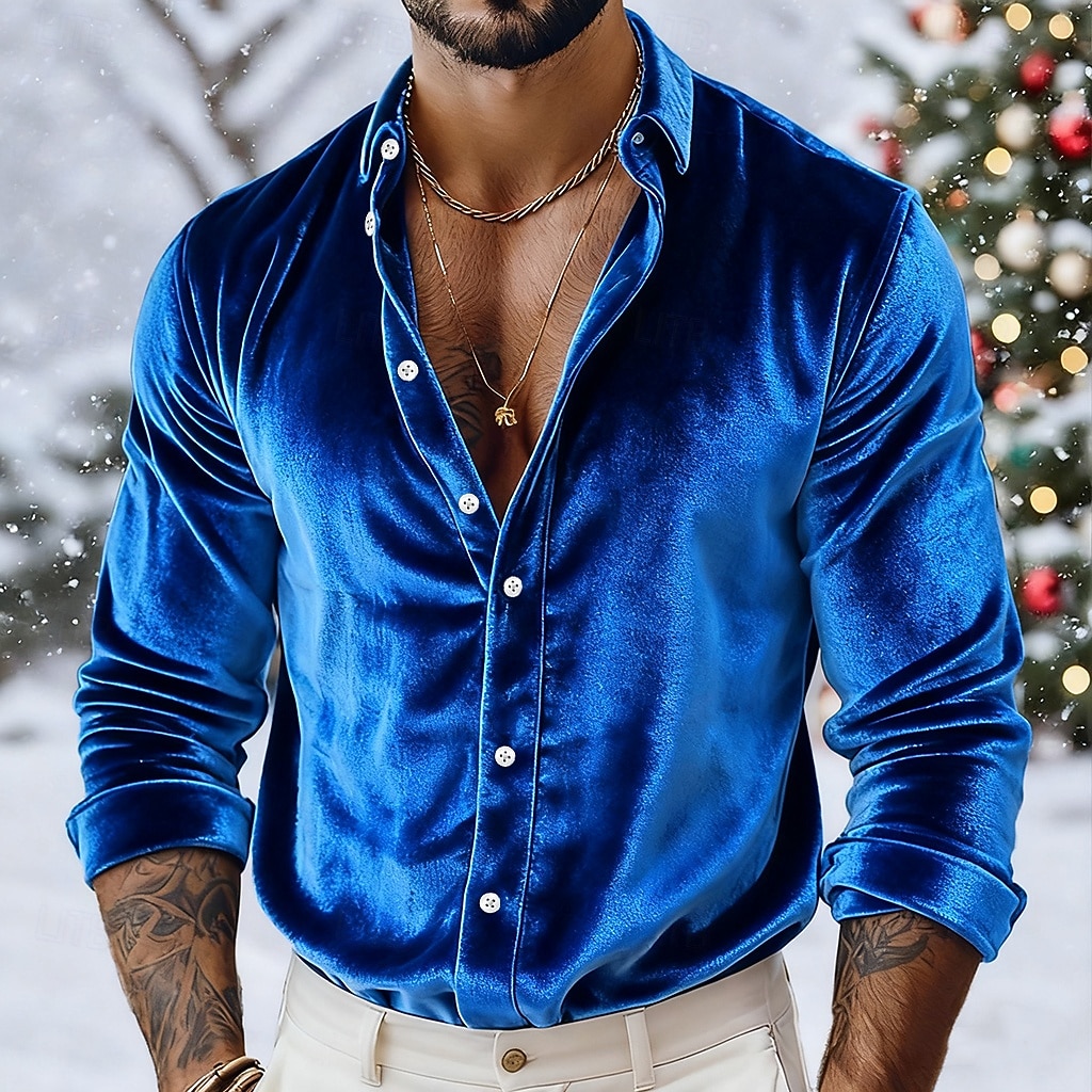Miesten Paita Rento paita Joulupaita Samettipaita Viini Kuninkaallinen sininen Pitkähihainen Yhtenäinen väri Tavallinen Paitapuserokaula-aukko Karnevaali Joulu Napit Vaatetus Sametti Polyesteri Joulu 2026 - $25.99 –P1