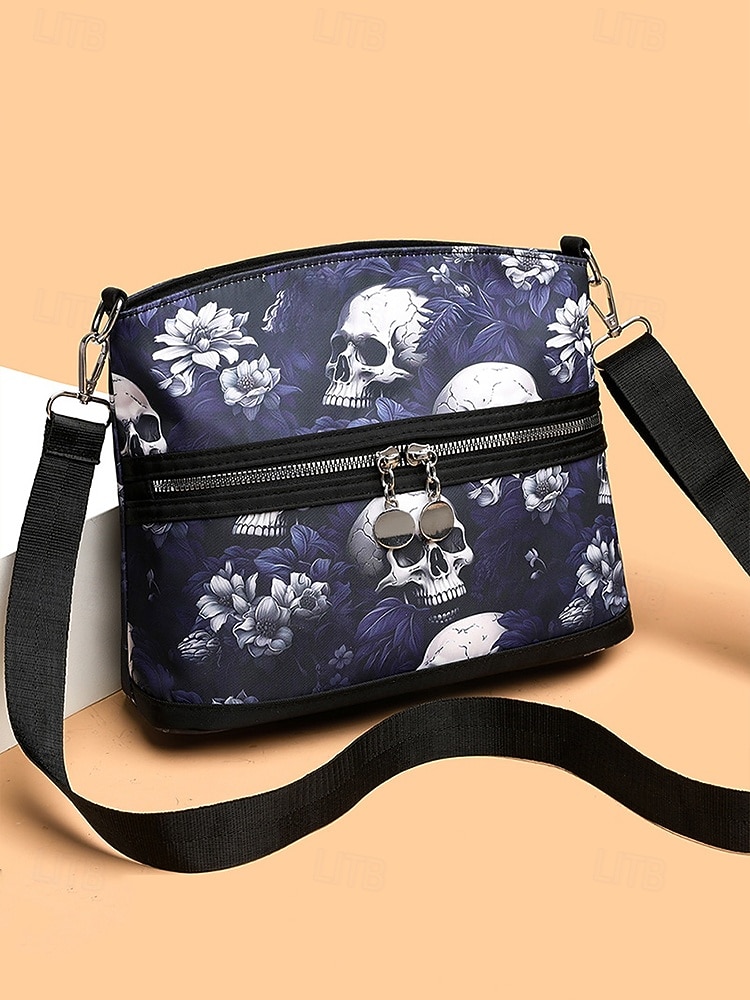Borsa a tracolla da donna con stampa teschio – motivo floreale gotico, borsa casual in similpelle per feste di Halloween e uso quotidiano del 2025 a $18.99 –P5