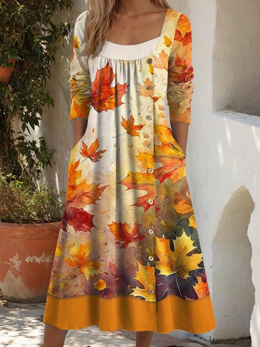 Femmes Robe Midi Robe fourreau Robe trapèze Occasionnel Quotidien Coupe régulière Graphique Feuille manche longue Col carré Jaune Orange Marron Automne Hiver de 2025 ? $36.99 –P3