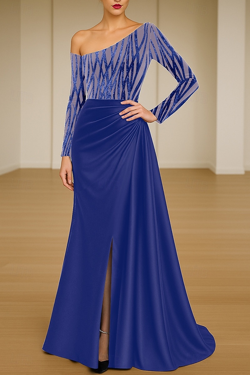 Linha A Vestidos de noite Elegante Traje formal Formal Casamento Cauda Escova Manga Longa Assimétrico Cetim com Pregas Franzido 2025 de 2025 por $159.99 –P5