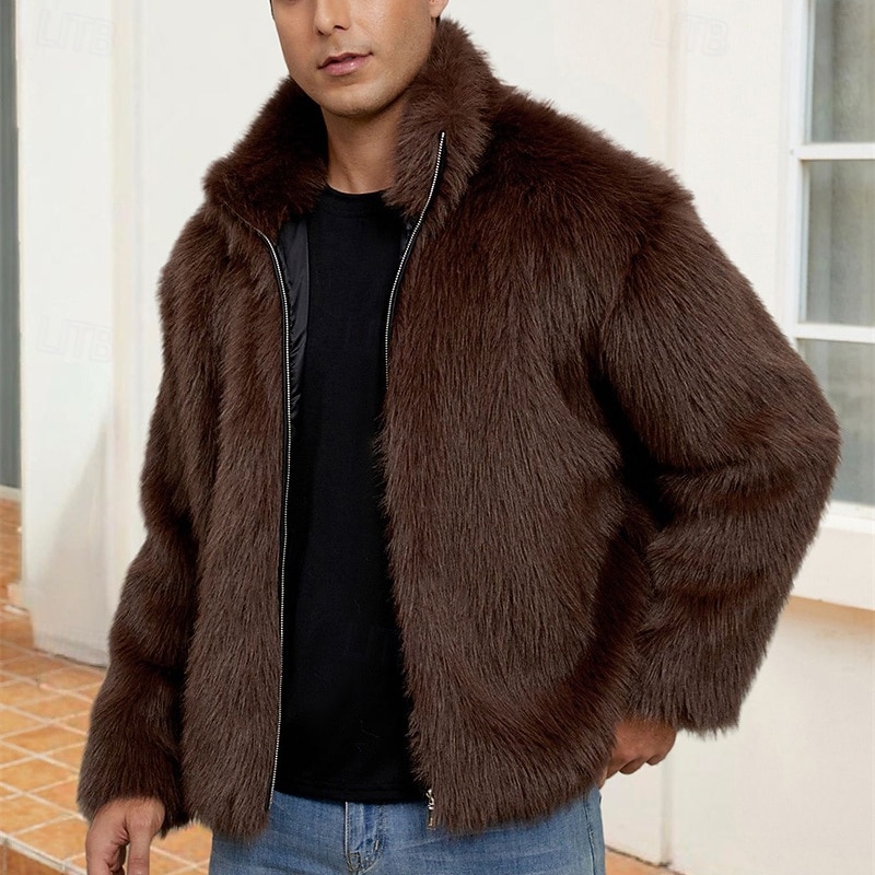 Pánské Neformální bunda Kabát z umělé kožešiny Dovolená Denní Zahřívací Plyš Podzim Zima Bez vzoru Módní Šik ven Stojáček Standardní Černá Bílá Žlutá Královská modř Velbloudí Saka 2026 - $51.99 –P8