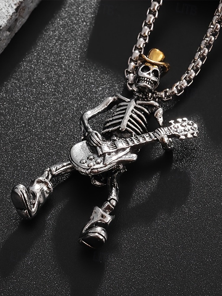 Collar con colgante de guitarra y calavera de Halloween para hombre, cadena de metal estilo rock punk, ideal para fiestas, conciertos y vida nocturna. 2025 - $9.99 –P6