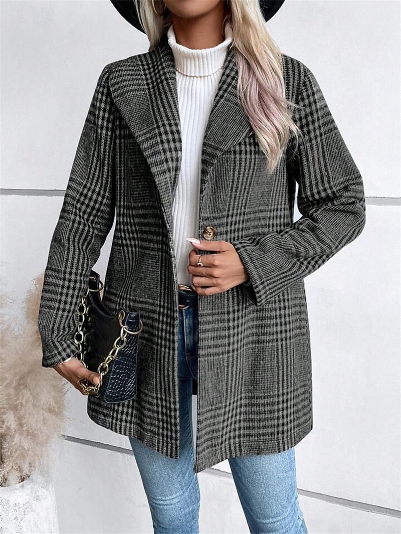 Women's Blazer Comfortable Buttons Elegant Fashion Outdoor Lattice Going out Casual Daily Weekend Single Breasted Regular Lapel Regular Fit Long Sleeve Outerwear Red Camel Gray Spring Fall 2026 - $31.99 –P3