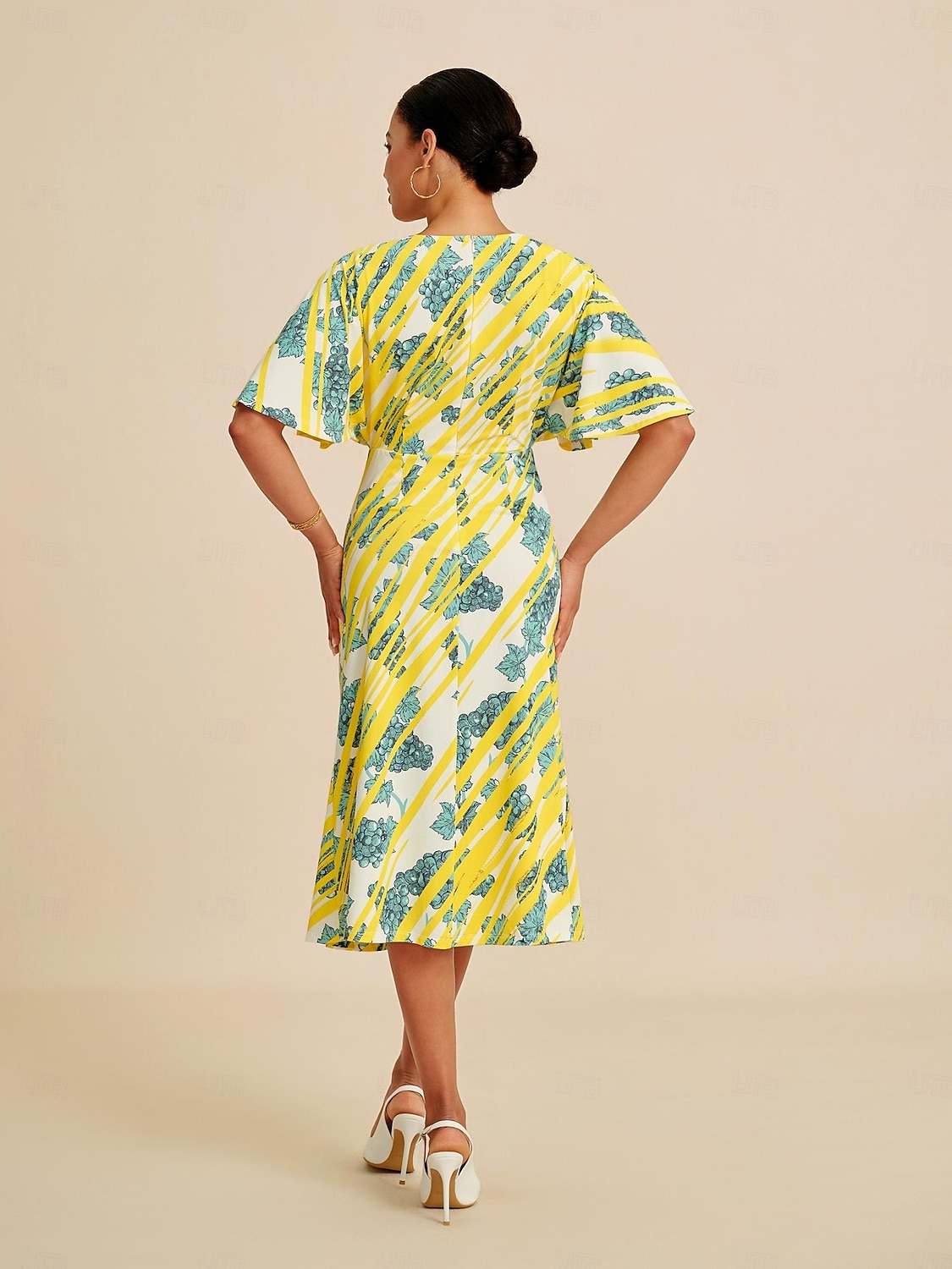 abito midi da donna manica a pipistrello elasticizzato stampa audace elegante versatile casual quotidiano primavera estate autunno del 2025 a $86.99 –P7