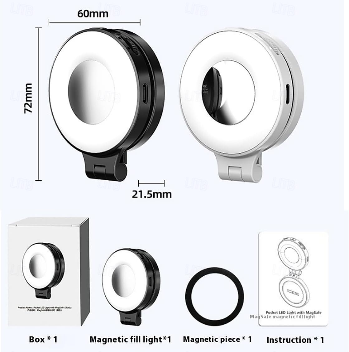 Магнитная бьюти-лампа для селфи 3-в-1 для телефонов. 360-градусная светодиодная кольцевая лампа с магнитом, зеркалом и подставкой для телефона. Портативная перезаряжаемая подсветка с 3 режимами 2025 - $31.99 –P1