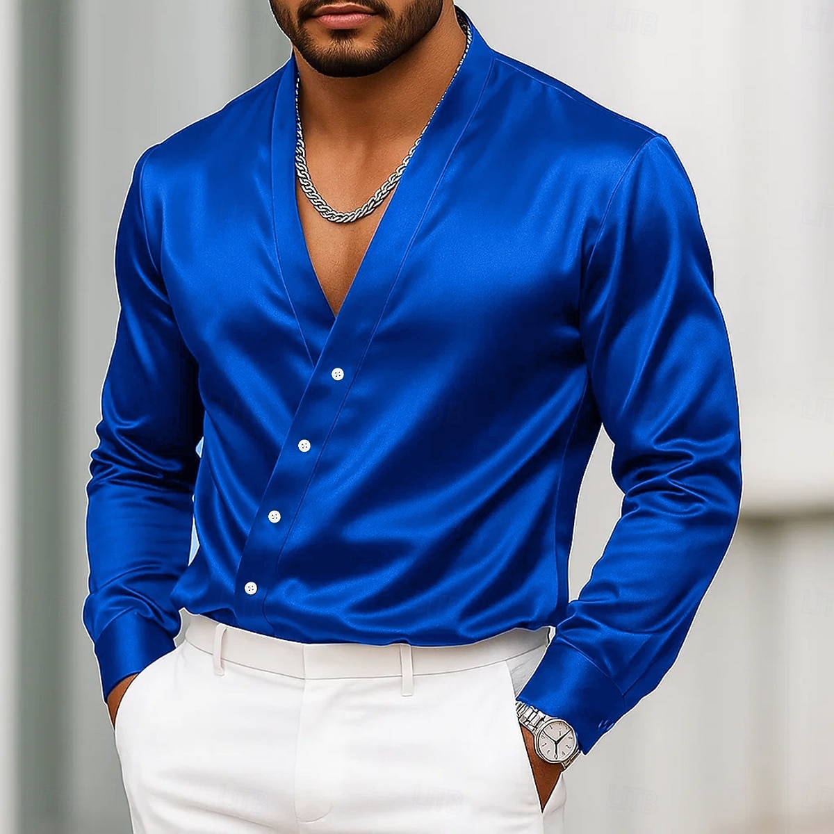 Per uomo Camicia Camicia in raso Camicia elegante Camicia casual Camicia con Bottoni Camicia da Ballo Semplice Formale Matrimonio Nero Bianco Blu reale Oro Manica Lunga Scollo a V Tutte le stagioni del 2025 a $23.99 –P1