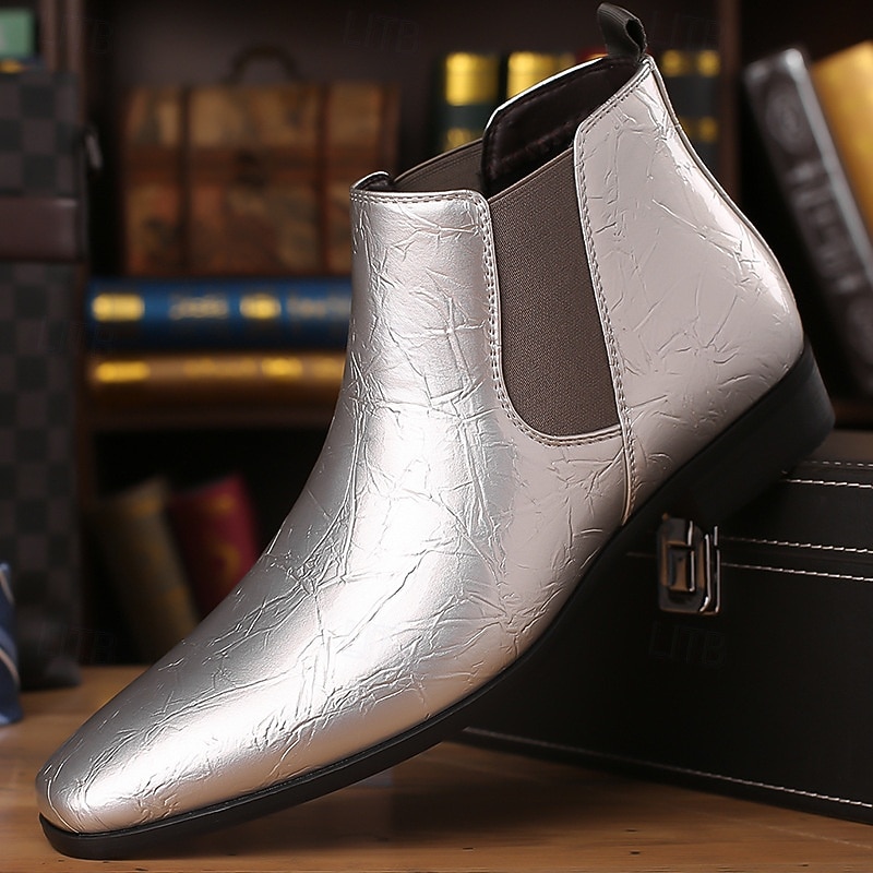 Botas Chelsea masculinas com relevo dourado – botas de cano curto de couro sintético com acabamento brilhante, sapatos formais elegantes para casamentos, festas e apresentações no palco de 2025 por $42.99 –P2