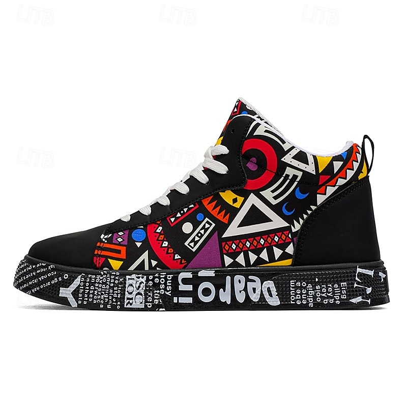 2026年 大胆なデザインのメンズの赤と白のグラフィックハイトップスニーカー。カジュアルな外出、パーティー、普段使いにぴったりのトレンディなストリートスタイル。  コレクション – $34.99 –P2