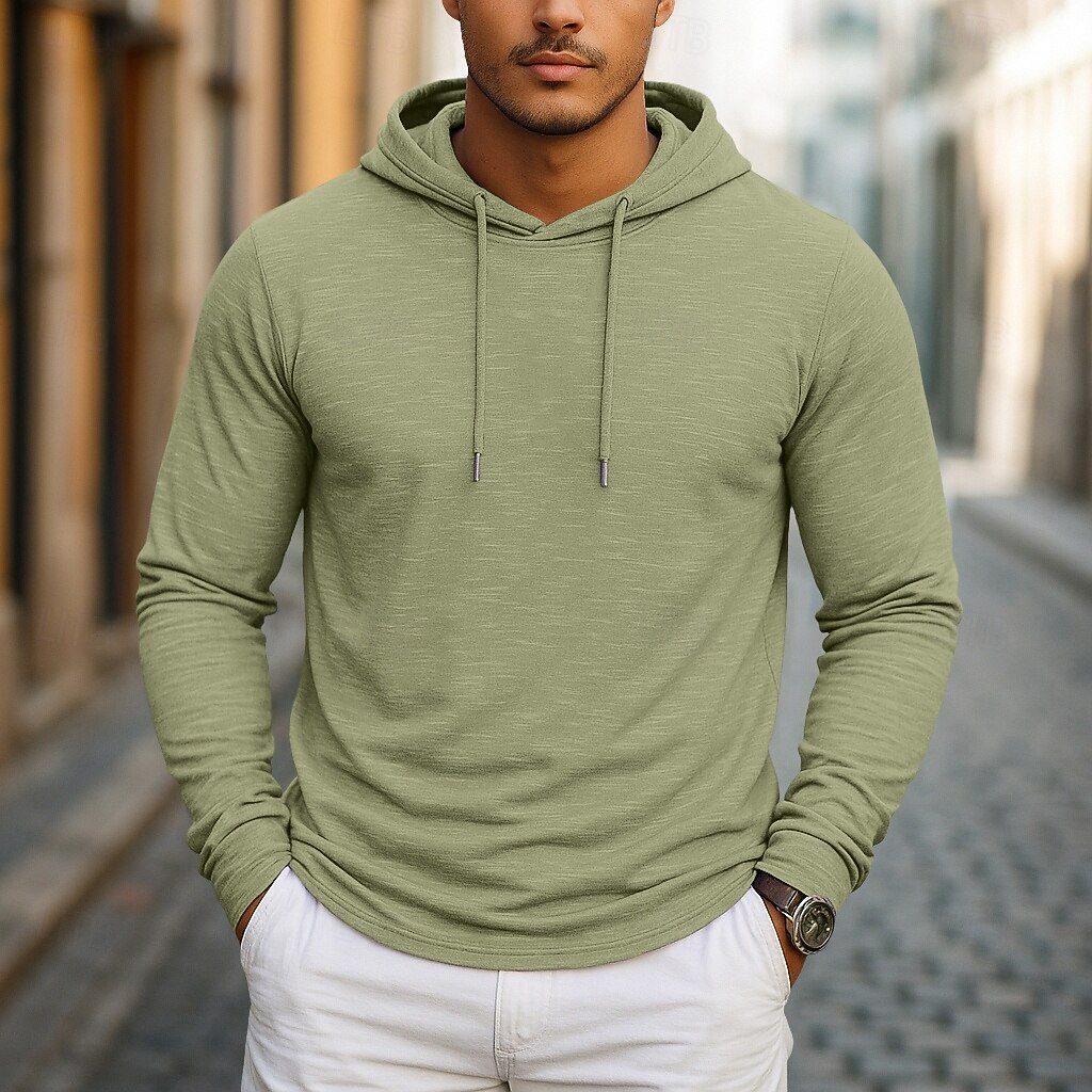 Herren T Shirt Langarm Mit Kapuze Frühling Herbst Ganzjahres Einfarbig Traditionell / Vintage Lässig Mit Kapuze Outdoor Urlaub Lässig Dunkelbraun Grün Hellblau Top T-Shirt für Herren 2025 - $20.99 –P7