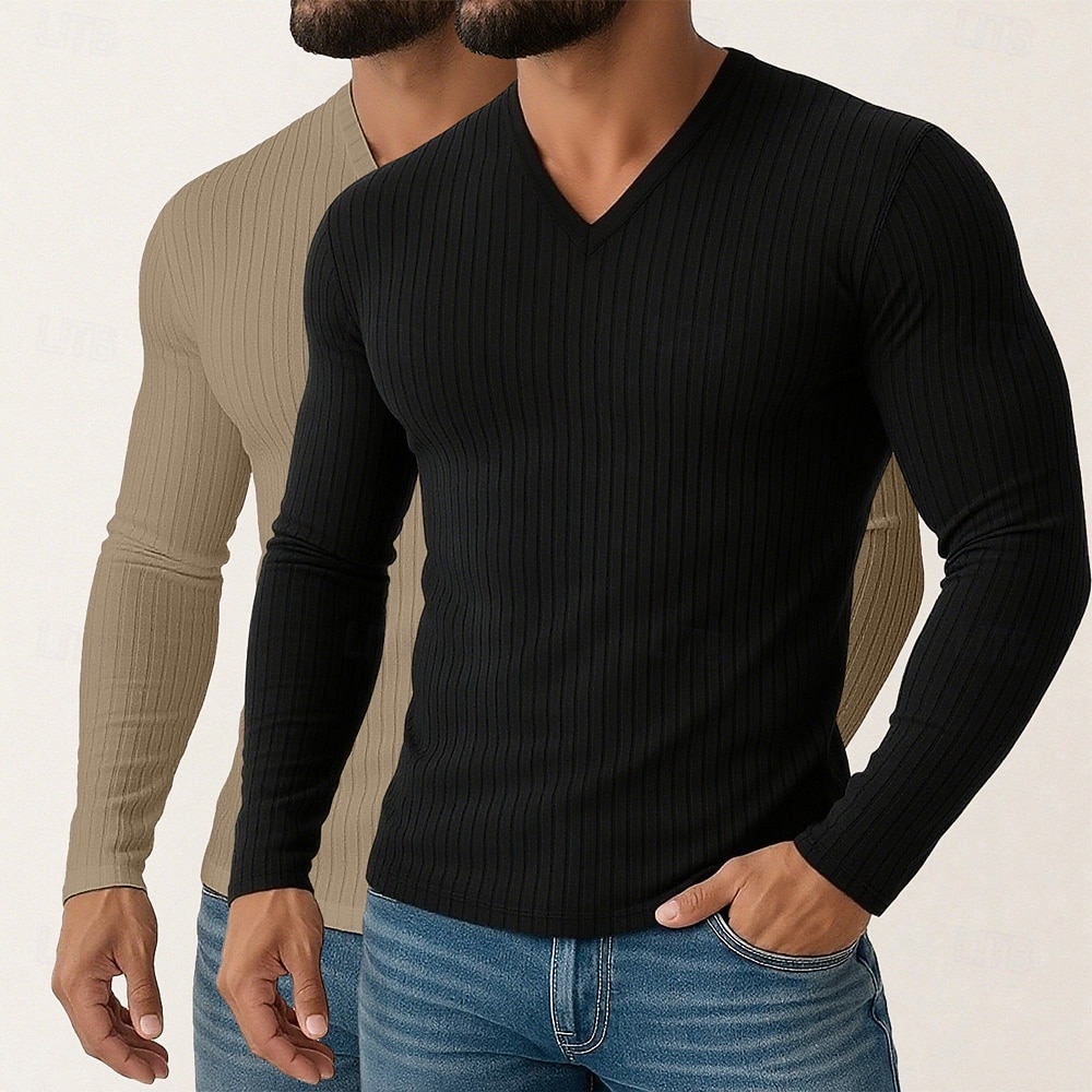 Homme T-shirt Débardeur Musclé T-shirt en tricot côtelé Chemise à Manches Longues manche longue Col en V Printemps Automne Hiver Uni Bande de Fosse Mode Designer Basique 2 pièces Tricot Pack multiple de 2026 ? $31.99 –P7