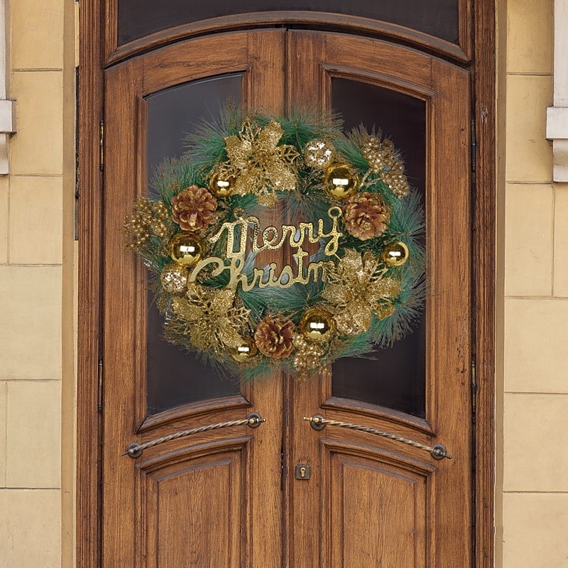 Christmas Wreath for Front Door, Indoor & Outdoor Decoration, Gold Holiday Floral Vine Wreath with Merry Christmas Letters, Artificial Garland for Hotel, Store, and Home Decor 2025 - $18.99 –P6