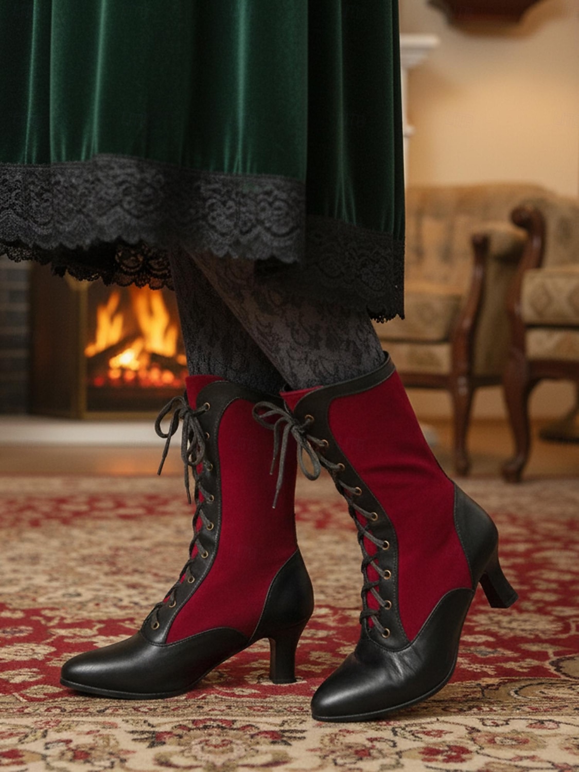 Dámské červeno-černé viktoriánské šněrovací kozačky do půli lýtek z 20. let 20. století – retro steampunk edvardovské kostýmní boty na cosplay, do divadla a na Gatsbyho párty 2025 - $59.99 –P2