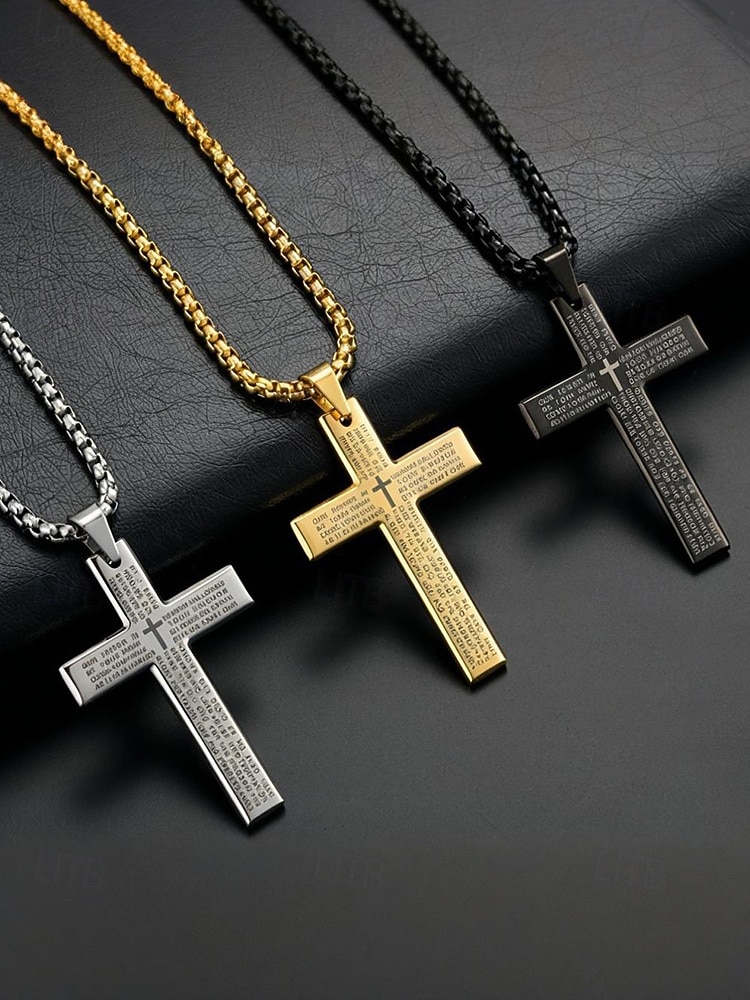 Męski naszyjnik z krzyżem ze stali tytanowej z grawerunkiem modlitwy Pańskiej, łańcuszek z biżuterią religijną dla wyznawców wiary chrześcijańskiej, do noszenia na co dzień i na prezent 2026 - $9.99 –P3