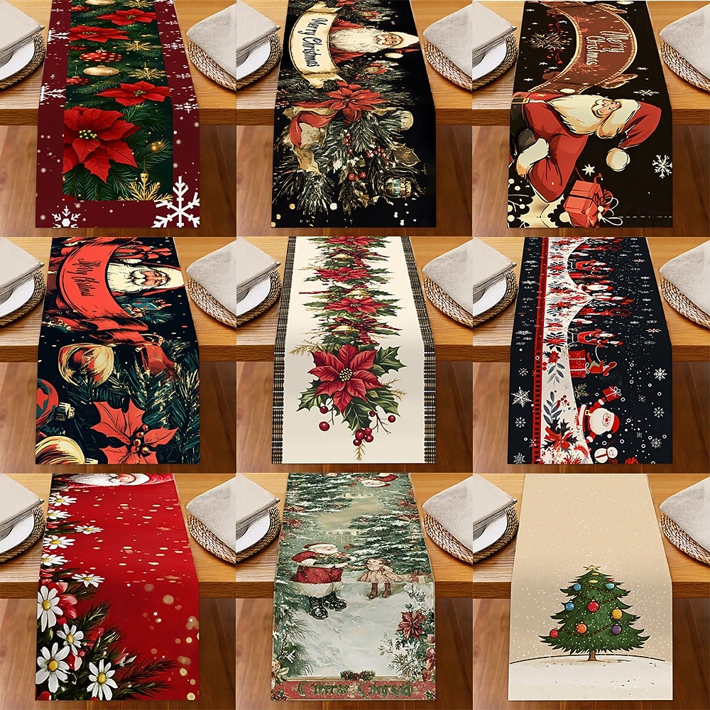 Jul Linneduk Högtids Tecknad Jultomte Snöflinga Tryck Duk Matbord Dekor Vardagsrum Bänkskiva Festlig Dekoration 2025 - $7.99 –P1