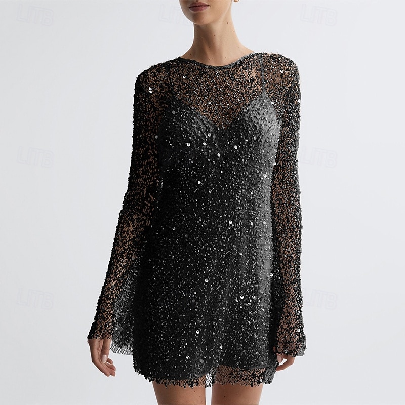 Női Mini ruha Flitteres ruha hétköznapi ruha Koktélruha ruhakészlet Divat Modern Napi Tengerpart Hétvége Normál Sima Hosszú ujj Terített nyak Fekete Fehér Sötétzöld Sárgabarack Nyár Tavasz 2025 - $28.99 –P5