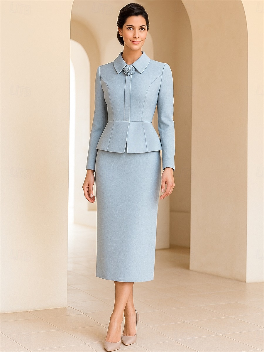 Coloană Teacă Lungimea ceaiului Rochie de petrecere Rochie de Cocktail Rochie pentru invitata de nunta Rochie Mama Miresei Manșon Lung Guler Cămașă Elegant Epocă Oficial Petrecere cu cocktail Spandex 2026 - $195.99 –P2