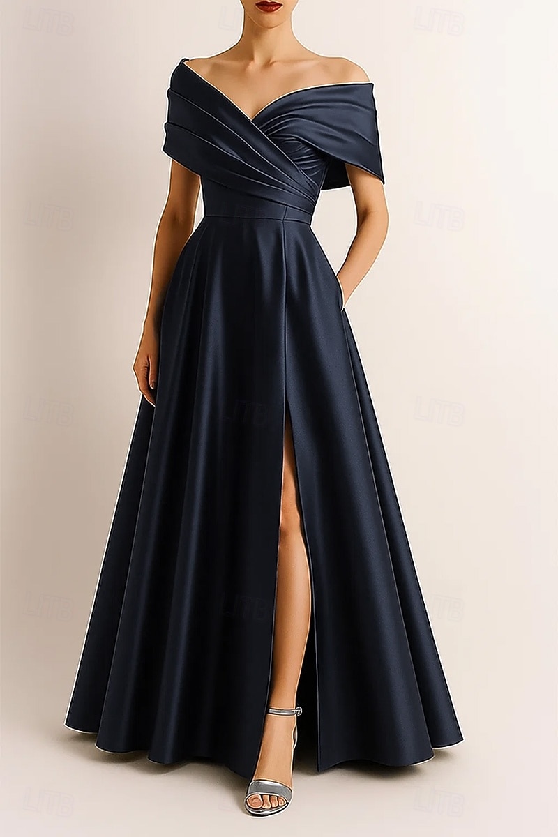 Ligne A Longueur au sol Robe de Soirée Tenue de soirée Élégant Scintillant Style Célébrité Sans manches Épaules Dénudées Formel Mariage Satin Extensible avec Plis Froncé Fente de 2025 ? $154.99 –P5