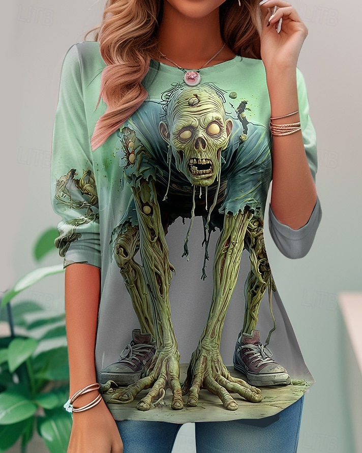 T-Shirt da donna teschi grafica moda vintage elegante maniche lunghe collo rotondo top regolari stampa quotidiana weekend giallo blu viola verde estate primavera autunno del 2026 a $24.99 –P1