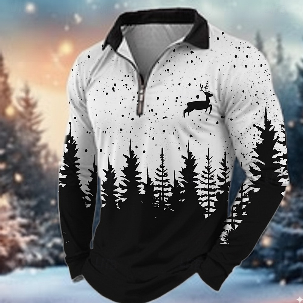 Natale Per uomo Renna Polo Manica Lunga Collo ripiegato Moderno Tempo libero Sport & Outdoor Athleisure Festival Cerniera Stampa 3D Primavera Autunno Inverno Blu Nero Rosso del 2026 a $10.99 –P2