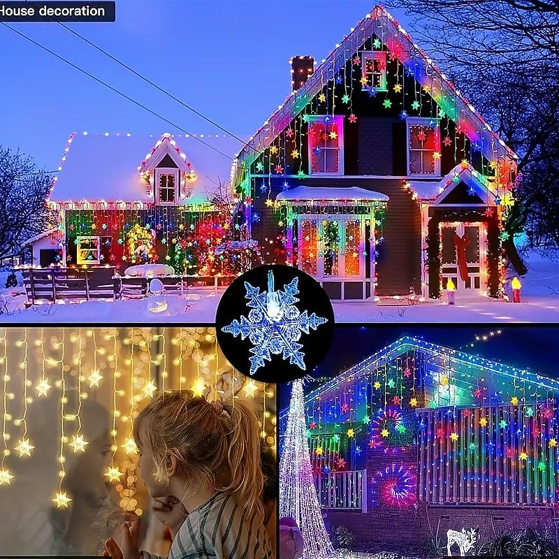 96LED Snowflake Curtain Lights 3.5m 8 Modes Lighting for Thanksgiving New Year Valentine's Day Home Balcony Living Room Garden Porch Atmosphere Decoration 2026 - $17.99 –P12